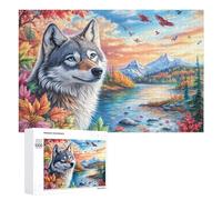 Lobo en Bosque de otoño Colorido con río y Puesta del Sol Puzzle 1000 Piezas para Adultos Relajación En Casa Descanso Mental Regalo para Fin De Semana 1000 PCS