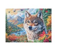 Lobo en el Bosque de otoño Colorido con un río y el Atardecer Puzzles 500 Piezas Obra De Arte Decorativa Rompecabezas Familiar para Adultos DIY Creativo Aliviar Estrés Portátil 500 PCS