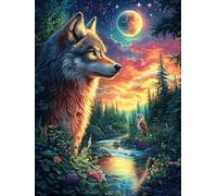 Lobo en el Bosque Iluminado por la Luna Puzzles 1000 Piezas Obra De Arte 3D Familiar Cuento de Hadas mágico de Animales Rompecabezas para Adultos Aliviar Estrés Decoración Hogar Moderno DIY 1000 PCS