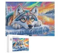 Lobo en el Camino de Piedra bajo el Lago de la montaña Estrellada Puzzle 300 Piezas para Adultos Juego De Mesa Interior Reducción del Estrés Regalo para El Hogar 300 PCS