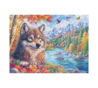 Lobo en el follaje de otoño con un río, una montaña y Aves Puzzle 500 Piezas Decoración Moderna Rompecabezas para Adultos 3D DIY Creativo Desafío Intelectual Juguete Educativo 500 PCS