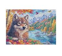 Lobo en el follaje de otoño con un río, una montaña y Aves Puzzles 300 Piezas Construir Maquetas Detalladas Rompecabezas para Adultos Desafío Intelectual Juguete Educativo 3D Moderno 300 PCS