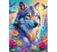 Lobo en jardín Florido mágico Puzzles 500 Piezas Desafío Nivel Difícil Animales Salvajes y domésticos Rompecabezas para Adultos Aliviar Estrés Decoración Hogar DIY Moderno Portátil 500 PCS