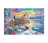 Lobo en la Nieve con una Aurora y Bayas Puzzles 1000 Piezas Obra De Arte Decorativa Rompecabezas Familiar para Adultos DIY Creativo Aliviar Estrés Portátil 1000 PCS