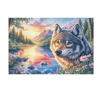 Lobo en Las Flores al Borde del río de montaña al Atardecer Puzzle 1000 Piezas Desafío Intelectual 3D Realista Rompecabezas para Hombres Y Mujeres Obra De Arte Colorido Decoración Hogar 1000 PCS
