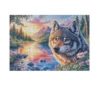 Lobo en Las Flores al Borde del río de montaña al Atardecer Puzzle 300 Piezas Desafío Impossible Extremo Rompecabezas para Adultos Aliviar Estrés Decoración Hogar 3D Maquetas Construir 300 PCS