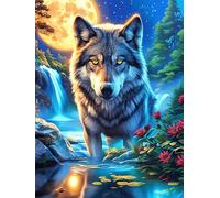 Lobo en un bosque de cascadas bajo la luna Rompecabezas 300 Piezas Cartón Resistente Para Mayores Sueño Mágico de Ciencia Ficción Desarrollo Lógica Entretenimiento Toda La Familia Decoración Salón Rey