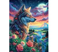 Lobo en un bosque mágico at Sunset Rompecabezas 500 Piezas Cartón Resistente Para Mayores Sueño Mágico de Ciencia Ficción Desarrollo Lógica Entretenimiento Toda La Familia Decoración Salón Reyes Magos