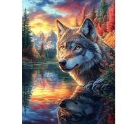 Lobo en un Lago del Bosque al Atardecer Puzzle 300 Piezas Papel Mayores Vida Silvestre y Mascotas Terapia Relajación Relajación Mental Más Vendido Original 300 PCS