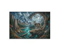 lobo gris Cuadro En Lienzo Cuadros Decoracion Lago de montaña iluminado por la luna Pinturas Murales Pintura Poster Impresiones Lienzo Para Salon Dormitorios Comedor Pasillo 20x30inch(50x75cm)