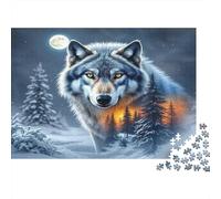 Lobo Gris Puzzle de 1000 Piezas Juego de Puzzle 1000 Piezas Papel para Adultos Bosque Invernal de Noche Relajación Hogar Regalo 38x26cm/1000pcs