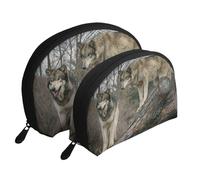 Lobo Impreso, Bolsa de Maquillaje de Concha, Monedero pequeño para Mujer, Bolsa de artículos de tocador, Bolsa de cosméticos, 2 Piezas