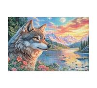 Lobo Lago Atardecer Bosque Fauna Silvestre Naturaleza Salvaje Puzzles 1000 Piezas Obra De Arte Colorido Rompecabezas para Adultos Decoración Hogar Moderno DIY Creativo Desafío 1000 PCS