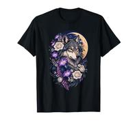 Lobo Lunar Rodeado De Rosas Y Flores Silvestres Camiseta