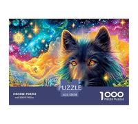 Lobo Oscuro, Ojos de Fuego, Cielo cósmico y Ciudad Puzzle De 1000 Piezas Lobo Fresco Entrenamiento Mental para Adultos Y Niños 52x38cm/1000pcs