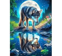 Lobo reflejado en el Agua Under The Moon Rompecabezas 300 Piezas Cartón para Mayores Vida Silvestre y Mascotas Terapia Ocupacional Regalo Corporativo Garantía Satisfacción Regalo Reyes Magos 300 PCS