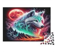 Lobo Rompecabezas DIY de Papel Premium Lobo con Pelaje Verde y Luna roja sobre montañas, Alivio Decorativo del estrés 38x26cm/1000 Piezas