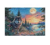 Lobo sobre un Camino de Piedra bajo el Lago de montaña Estrellado Puzzle 300 Piezas Relajante Premium Rompecabezas para Hombres Y Mujeres Estera Portátil 3D Decoración Hogar Duradera 300 PCS