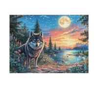 Lobo sobre un Camino de Piedra bajo el Lago de montaña Estrellado Puzzles 500 Piezas Decoración Hogar 3D Rompecabezas Familiar para Adultos Obra De Arte Colorido DIY Creativo 500 PCS
