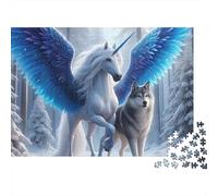 Lobo Unicornio Fantasía Rompecabezas 1000 Piezas Adultos Lobo Unicornio Alado Bosque Nieve Premium Grueso Resistente Vibrante Desafiante Alivio Estrés Juego Familiar Decoración 52x38cm/1000pcs