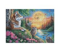 Lobo y búhos al Borde del río con la Luna Llena Puzzles 300 Piezas Maquetas Educativas Detalladas Rompecabezas para Familia Construir DIY Aliviar Estrés Decoración Hogar 300 PCS