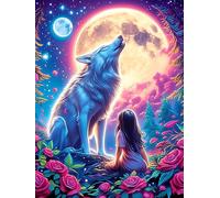 Lobo y una Chica bajo la Luna Llena Puzzle 500 Piezas Cartón Resistente para Parejas Vida Silvestre y Plantas Noches De Cita para Relajarse para Fiestas Navideñas 500 PCS