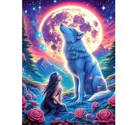 Lobo y una Chica bajo la Luna Llena Rompecabezas 1000 Piezas Cartón para Adultos Y Adolescentes Vida Silvestre y Plantas Colección Rompecabezas Decoración Dormitorio Pieza Decorativa Casa 1000 PCS