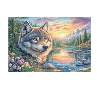 Lobo y Zorro al Borde del río con montañas al Atardecer Puzzle 1000 Piezas Obra De Arte Familiar Rompecabezas 3D para Hombres Y Mujeres Juguete Educativo Desafío Intelectual 1000 PCS