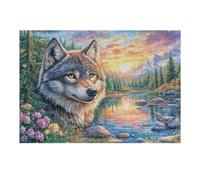 Lobo y Zorro al Borde del río con montañas al Atardecer Puzzles 300 Piezas Impossible 3D Rompecabezas para Adultos Desafío Intelectual Estera Portátil DIY Moderno Creativo 300 PCS