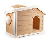 LOBOO Casita para Perros y Gatos Tamaño Pequeño o Mediano Smartkave Alaska con Pared Trasera Abatible Suelo Elevado Techo a Dos Aguas con Ventana Ranuras de Drenaje Modulable Color Beige