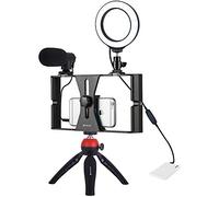 Loboo Idea 4 en 1 Vlogging Live Broadcast Set de aparejo de vídeo para smartphone + anillo LED de 4.6 pulgadas Selfie Kits de luz con micrófono + trípode + cabezal de trípode para zapata fría para
