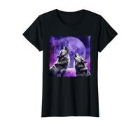 Lobos Aullando Luna Llena Arte de Vida Silvestre Camiseta gráfica económica, Mujer, Negro, XS