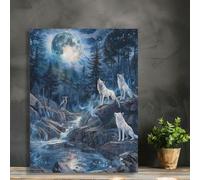 Lobos en una noche de luna llena, cuadros abstractos modernos en azul, arte de pared, lienzo neutro bohemio, decoración de pared minimalista con animales, 50x70 cm/20x28 pulgadas, marco interior