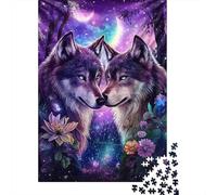 Lobos Místicos Pareja Puzzle de 1000 Piezas Papel Puzzle para Adultos Arte Floral Estrellado Relajación Concentración Regalo Familiar 70x50cm/1000pcs