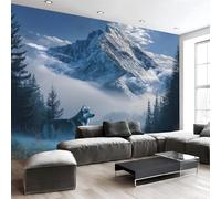 Lobos Y Nieve, Montañas Y Bosques Papel Pintado, 350 X 256 Cm Pared Papel Pintado, La Belleza La Naturaleza Y Lo Salvaje Decoración De Paredes Para Salón Dormitorio Pasillo Comedor, Azul