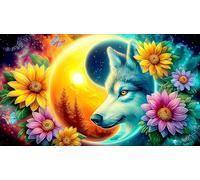 Lobos Yin-Yang Entre Flores Rompecabezas para Adultos: 1000 Piezas de Cartón Reciclado para Decoración 38x52cm/1000pcs