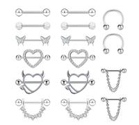 LOCCY 8 pares 14G de barras de pezón para mujeres, 316l anillos de pezón de acero inoxidable juego de mariposa corazón CZ Barbell Nipple Piercing Kit Barra de lengua Joya Percing Body Jewelery - Plata