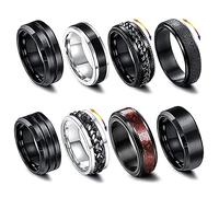 LOCCY 8 pcs Men Anillos de acero inoxidable Spinner, Anillos de Spinner Negro para Hombres Mujeres, Cool Anillos Ansiedad Cadena Hombres Anillos Set, 8mm de ancho (25)