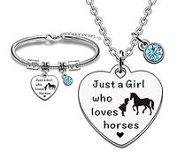 LOCCY Conjunto de collar de caballo y pulsera de caballo, regalos de caballo para niñas, joyería de collar colgante de caballo, collar de plata de niña y caballo para niñas, cosas de caballos (azul)