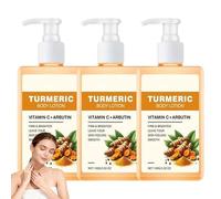 Loción corporal de cúrcuma con vitamina C, arbutina, loción hidratante reafirmante para la piel, textura ligera, crema hidratante corporal diaria para un tono de piel uniforme, extractos de plantas (3
