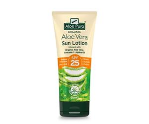 Loción Solar de Aloe Vera SPF 25 Aloe Pura, Natural, Vegetariana, Libre de Crueldad, Sin Parabenos & SLS, Escudo de Larga Duración, Protección Media, 200ml