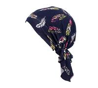 Locisne Bufanda de cabeza pre-impresa estampada para mujer Sombrero de cabeza de turbante Chemo Beanie Headwear para cáncer, quimioterapia, pérdida de cabello (Pluma Azul Marino)