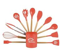 LOCKLGFMCZ Juego De Utensilios Cocina Silicona con Soporte, Resistentes Al Calor For Sartenes Antiadherentes, Mango Madera, Espátula, Cuchara, 12 Uds Juegos de Utensilios de Cocina(Rosso)