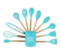 LOCKLGFMCZ Juego De Utensilios Cocina Silicona con Soporte, Resistentes Al Calor For Sartenes Antiadherentes, Mango Madera, Espátula, Cuchara, 12 Uds Juegos de Utensilios de Cocina(BLU)