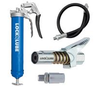 LockNLube Pistola de grasa con agarre de pistola resistente (azul). Incluye nuestro acoplador de grasa patentado LockNLube® (se bloquea, se mantiene encendido, no gotea). Además de una manguera de