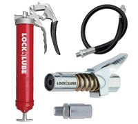 LockNLube Pistola de grasa de agarre de pistola resistente (roja). Incluye nuestro acoplador de grasa patentado LockNLube® (se bloquea, se mantiene encendido, no gotea). Además de una manguera de alta
