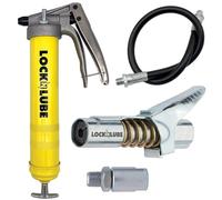 LockNLube Pistola de grasa premium con agarre de pistola. Incluye nuestro acoplador de grasa patentado LockNLube (bloquea, se mantiene encendido, no gotea). Además de una manguera de alta calidad de