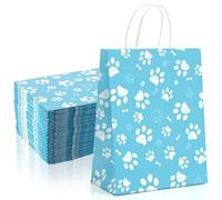 Locmeo 50 bolsas de regalo grandes con estampado de huellas de perro con asas de papel, 10.6 x 8.3 x 4.3 pulgadas, bolsas de papel kraft para golosinas de mascotas, regalo de cumpleaños (azul)