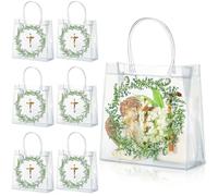 Locmeo 60 bolsas de regalo de primera comunión, bolsas de regalo transparentes de PVC con asas, bolsas de regalo de fiesta religiosa, bolsas de regalo con cruz de Dios bendiga para primeras