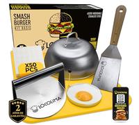 LOCOLIMA Smash Burger Kit Profesional de 5 Piezas, Prensa Hamburguesas (Smasher) de Acero Inoxidable con Certificado UE, Espátula, Campana para Fundir, Papel Smash Burger, Molde Aro Huevo, Recetario